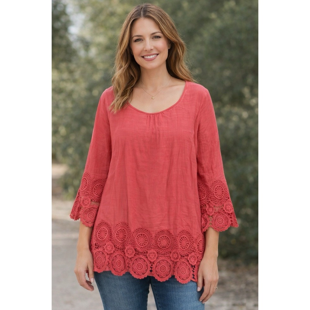 NEW Avenue Sylvie Womens 16 Coral Crochet Tunic Top 3/4 Flare Sleeve Boho Plus